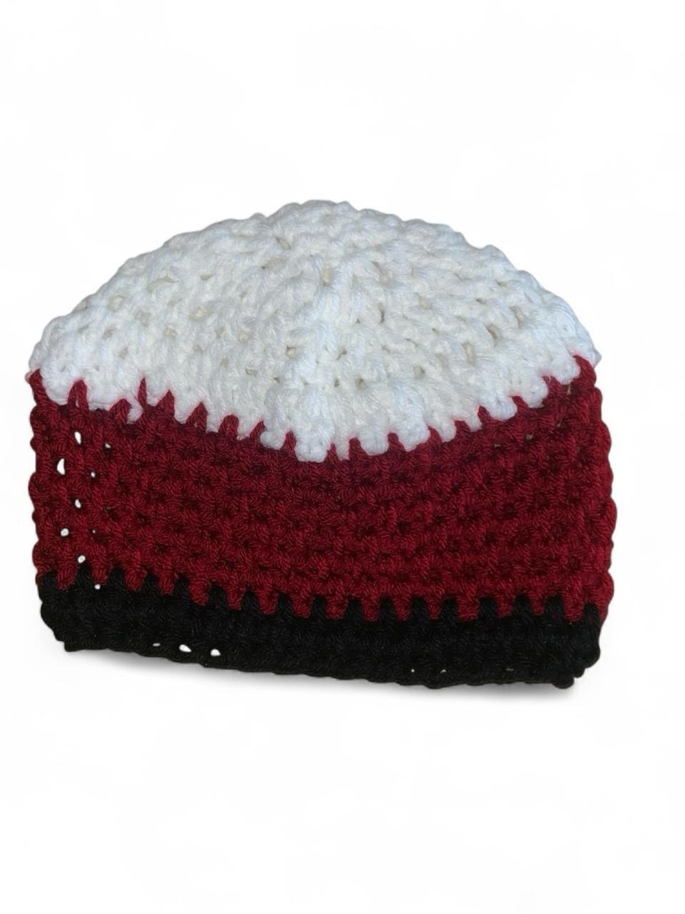 Handmade Crocheted Beanie Hat in White and red